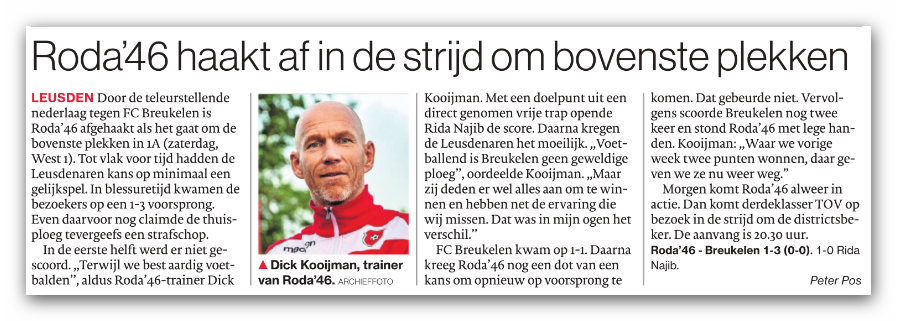 Roda'46 verliest met 1-3 van FC Breukelen