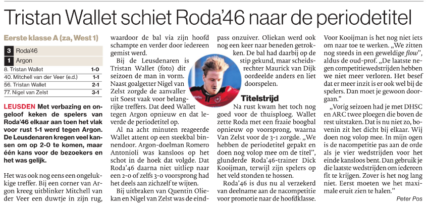 AD: Tristan Wallet schiet Roda'46 naar de periodetitel