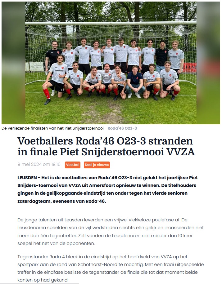 Voetballers Roda’46 O23-3 stranden in finale Piet Snijderstoernooi VVZA