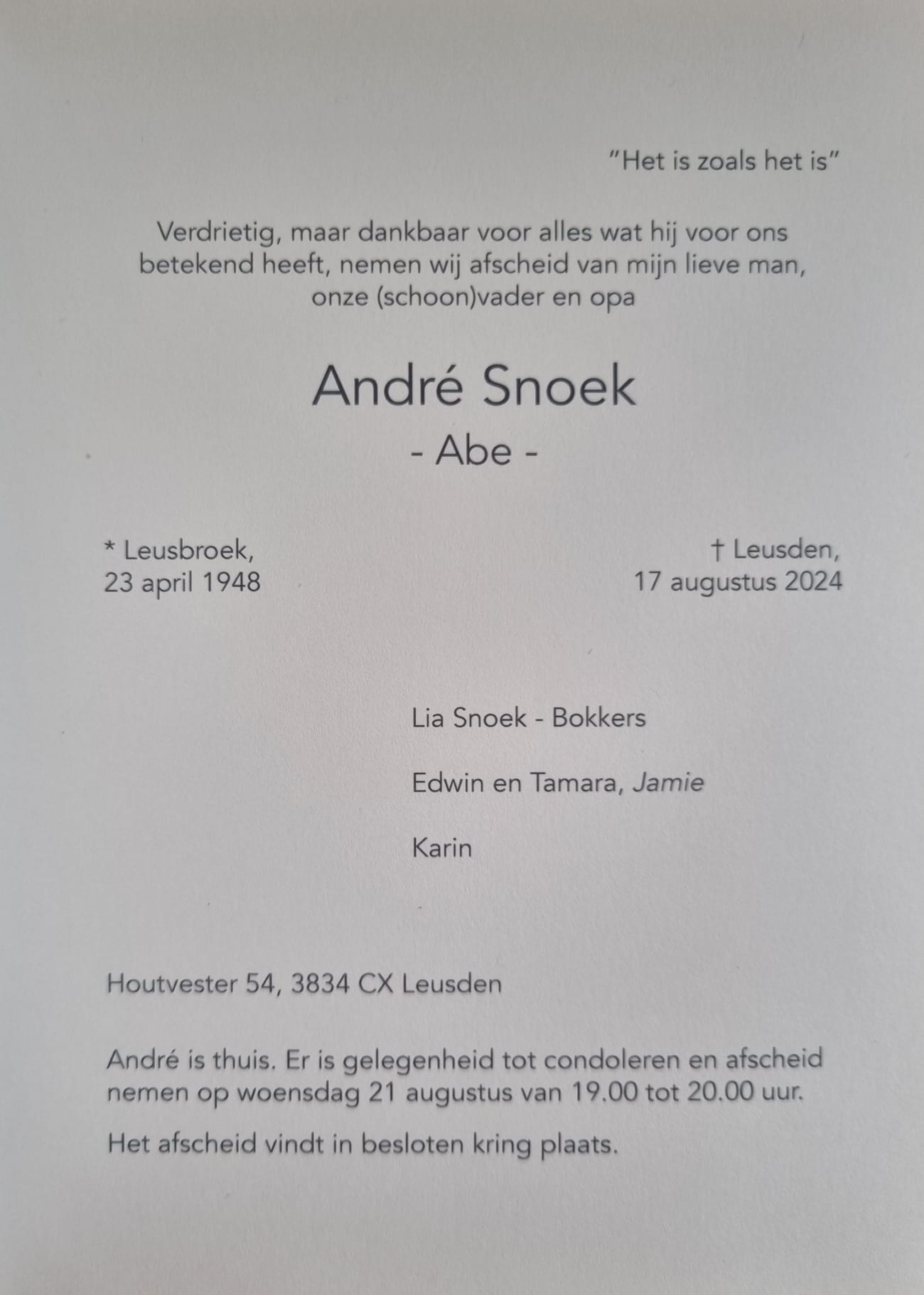 Andre (Abe) Snoek overleden